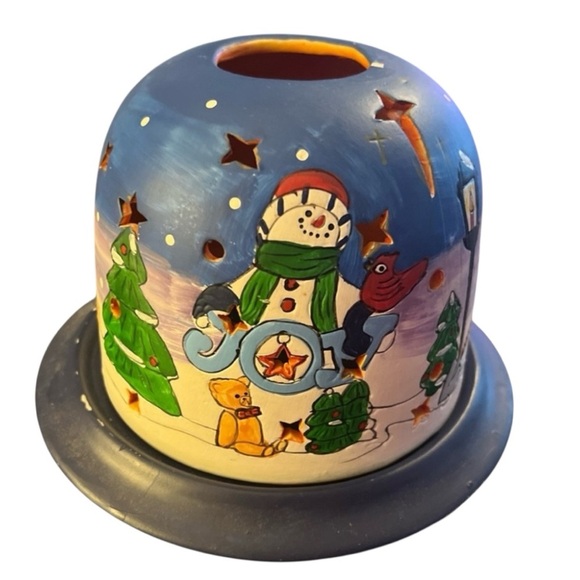Vintage Starry Night Snowman Tea Light Votive Candle Holder Blue Ceramic - Picture 1 of 12